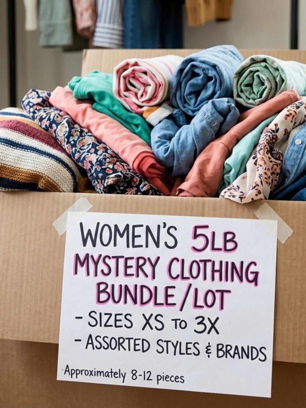 Women's 5lb Mystery Clothing Bundle/Lot Sizes XS to 3X Assorted Styles & Brands